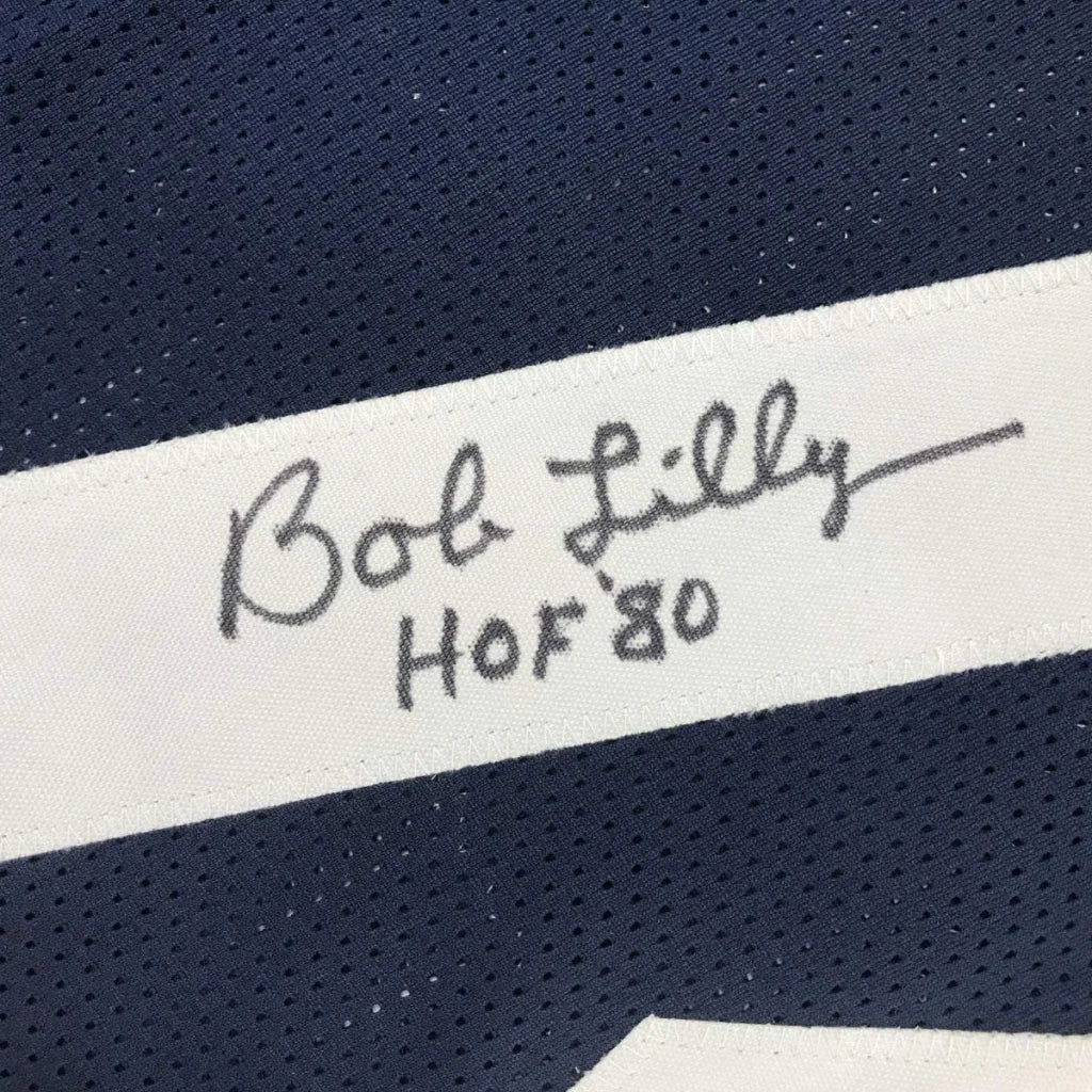 Autographed dark blue Bob Lilly HOF jersey professionally framed for your man cave