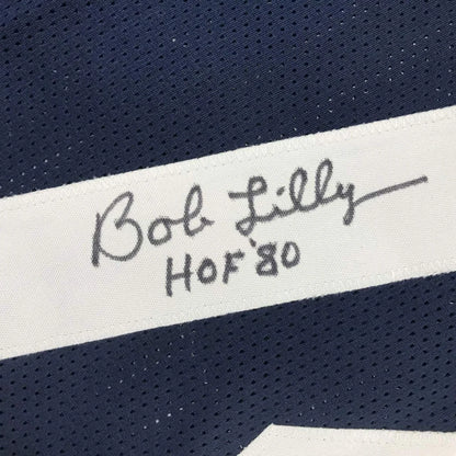 Autographed dark blue Bob Lilly HOF jersey professionally framed for your man cave