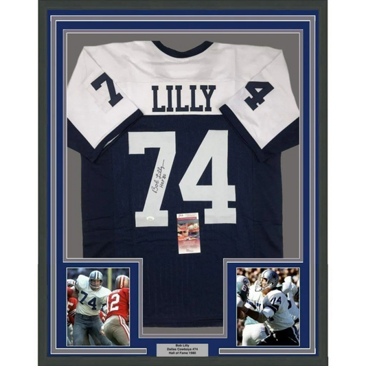 Professionally framed Bob Lilly HOF Cowboys jersey with photos and authenticity for man cave