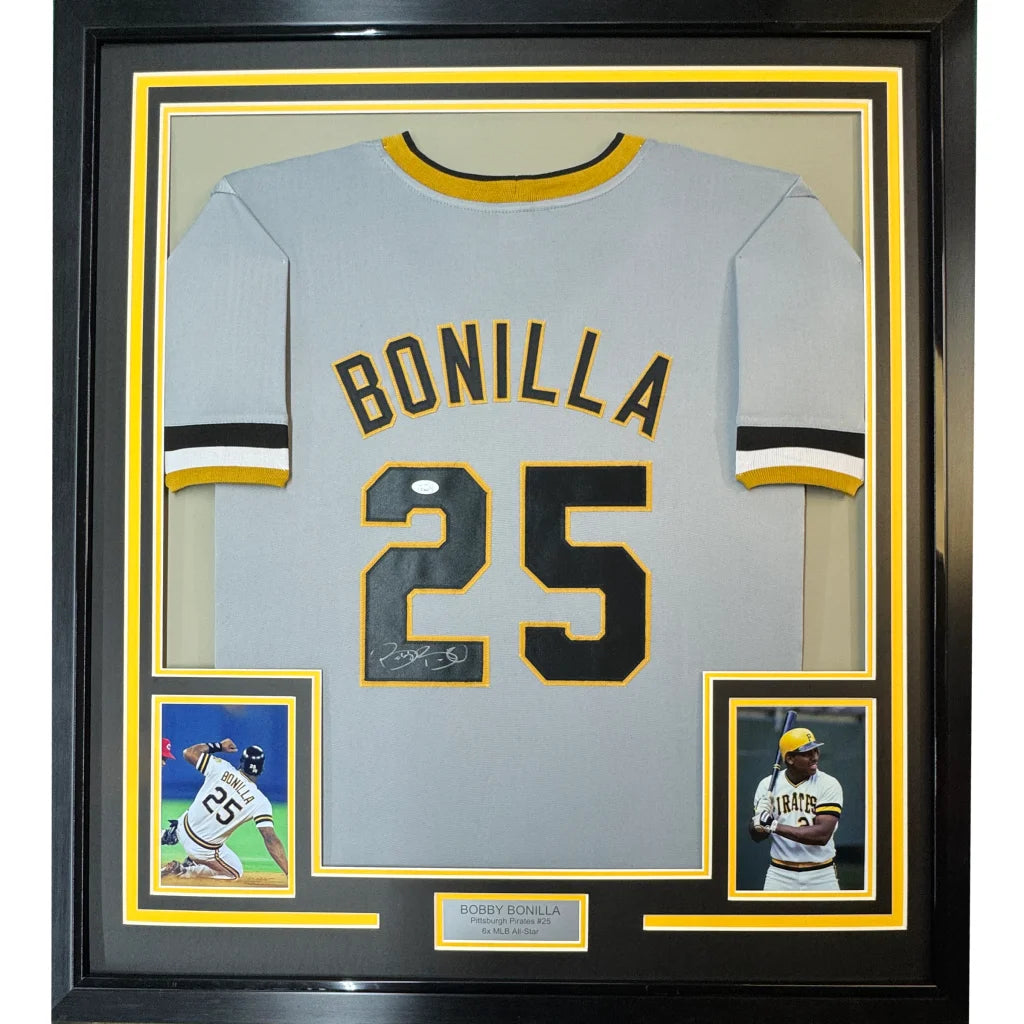 Framed autographed Bobby Bonilla gray Pittsburgh Pirates jersey with Bonilla 25, JSA COA