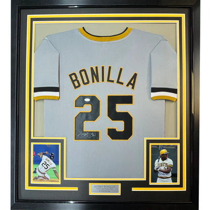Framed autographed Bobby Bonilla gray Pittsburgh Pirates jersey with Bonilla 25, JSA COA