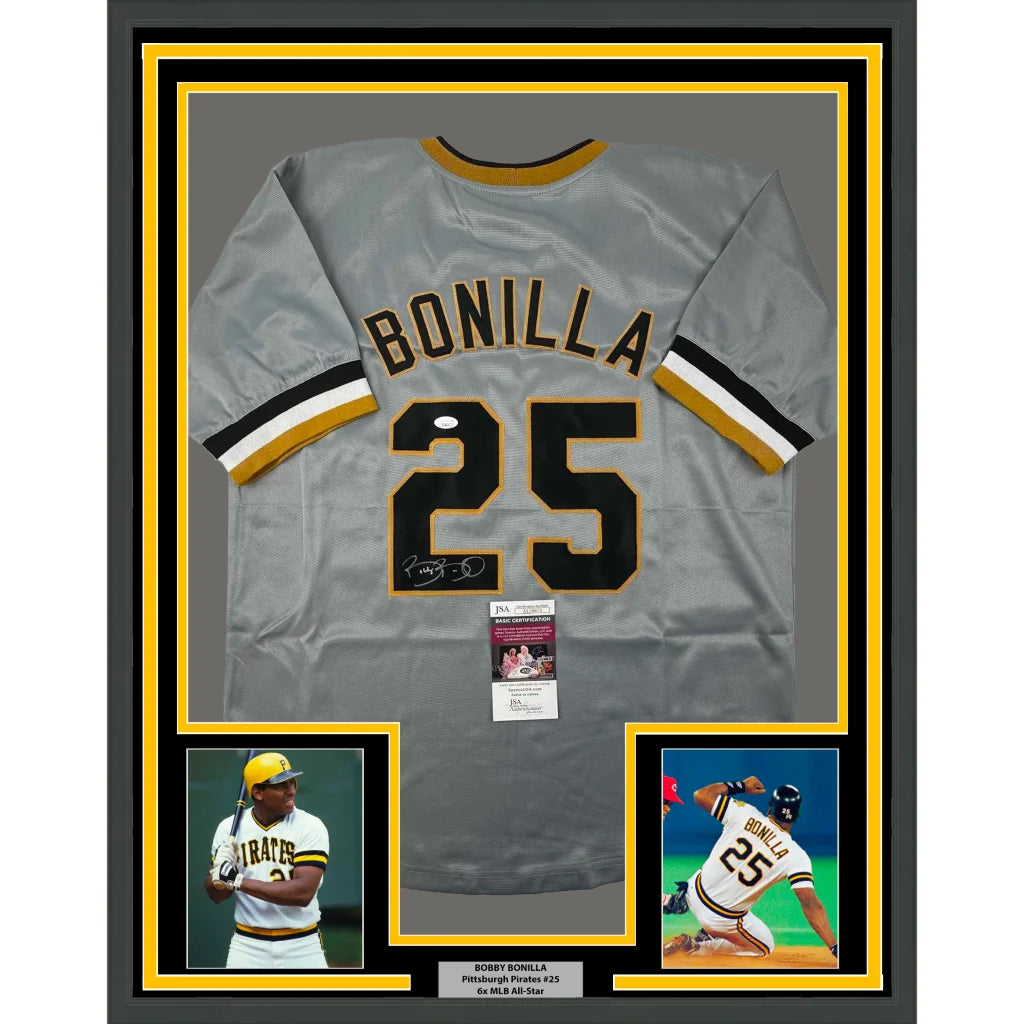 Framed and autographed Bobby Bonilla Pirates jersey with photos and authentication ready to display
