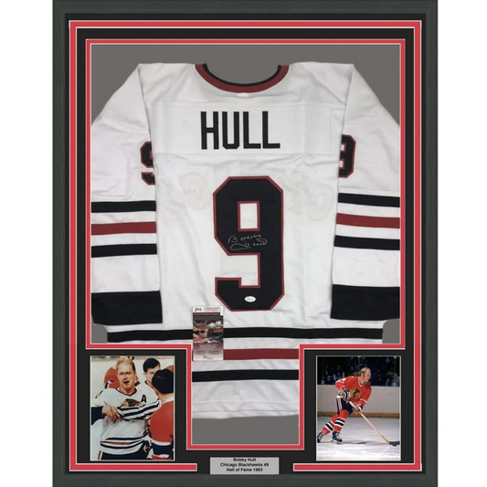 Professionally framed Bobby Hull Chicago White hockey jersey with autographs and photos for man cave