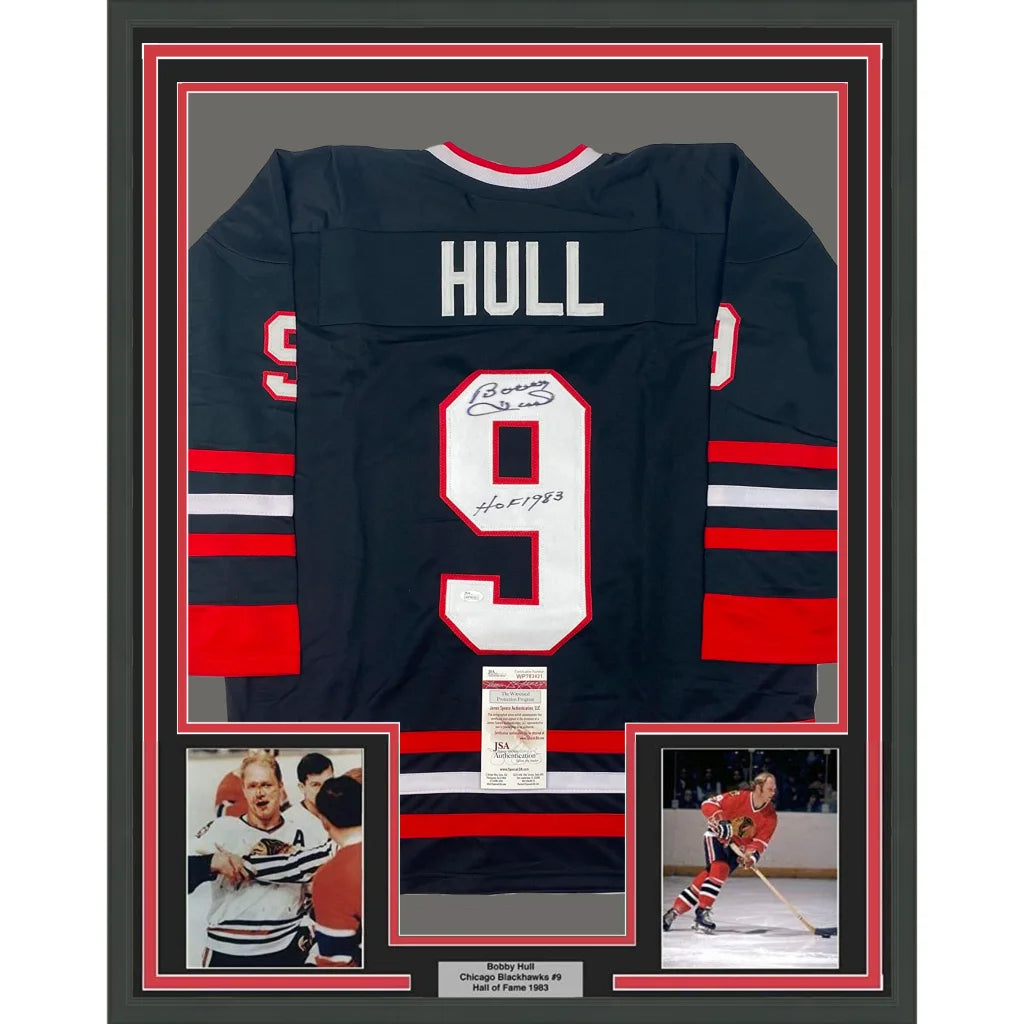Framed Autographed Bobby Hull HOF 1983 35x39 Chicago Black Hockey Jersey JSA COA | Hall of Fame Sports Memorabilia | vintageantiquesgifts.com