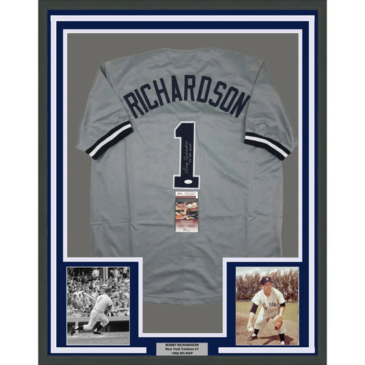 Framed Autographed Bobby Richardson 35x39 60 WS MVP New York Grey Baseball Jersey JSA COA | Hall of Fame Sports Memorabilia | vintageantiquesgifts.com