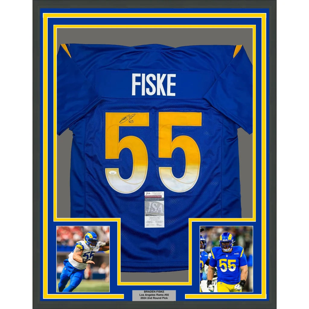 Framed Autographed Braden Fiske 35x39 Los Angeles LA Blue Football Jersey JSA COA | Hall of Fame Sports Memorabilia | vintageantiquesgifts.com