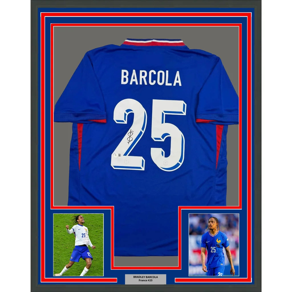 Framed Autographed Bradley Barcola 35x39 France French National Team Blue Soccer Jersey Beckett BAS COA | Hall of Fame Sports Memorabilia | vintageantiquesgifts.com