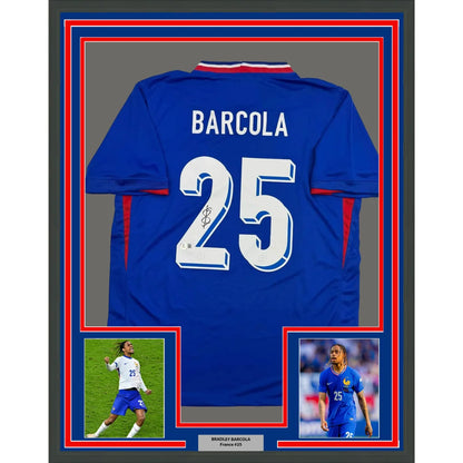 Framed Autographed Bradley Barcola 35x39 France French National Team Blue Soccer Jersey Beckett BAS COA | Hall of Fame Sports Memorabilia | vintageantiquesgifts.com