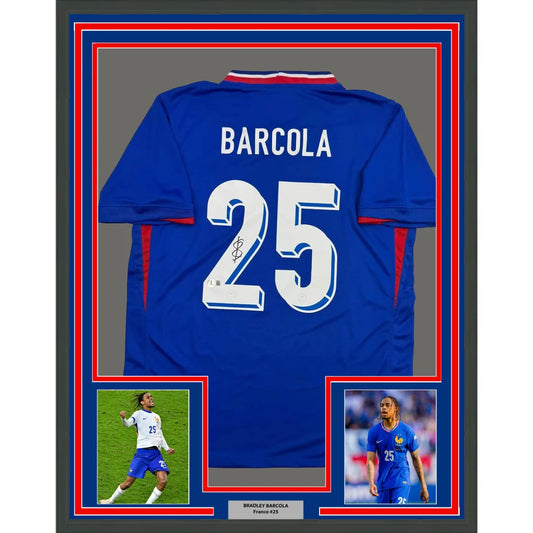 Framed Autographed Bradley Barcola 35x39 France French National Team Blue Soccer Jersey Beckett BAS COA | Hall of Fame Sports Memorabilia | vintageantiquesgifts.com