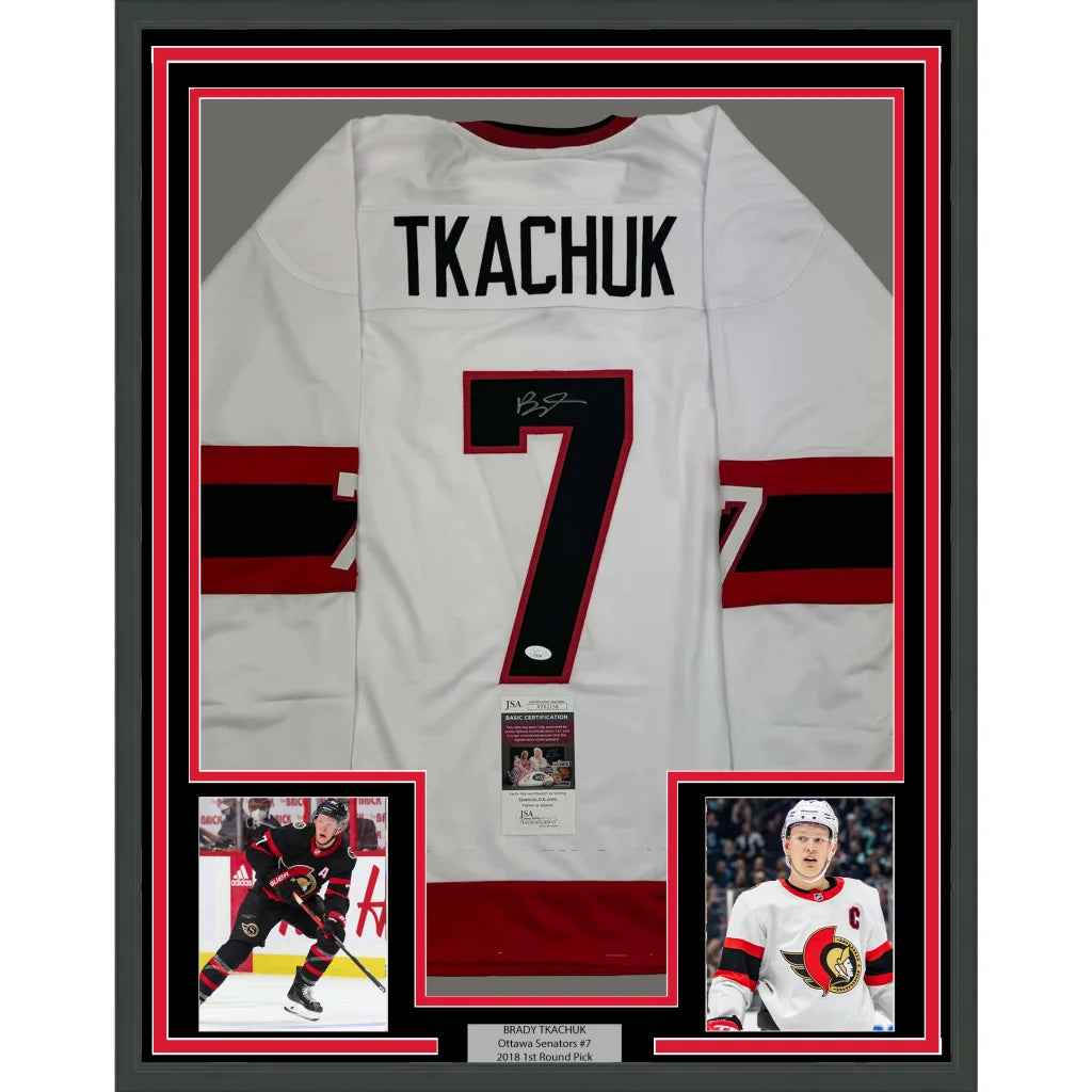 Framed Brady Tkachuk signed white hockey jersey with player photos and JSA COA