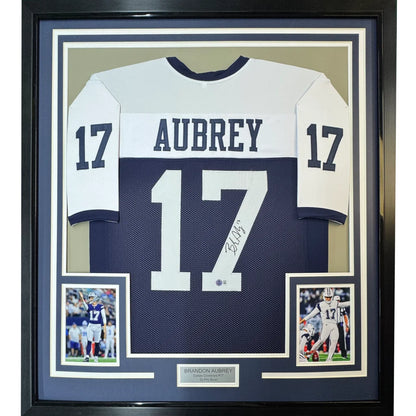 Framed Autographed Brandon Aubrey 35x39 Dallas Thanksgiving Day Football Jersey Beckett BAS COA | Hall of Fame Sports Memorabilia | vintageantiquesgifts.com