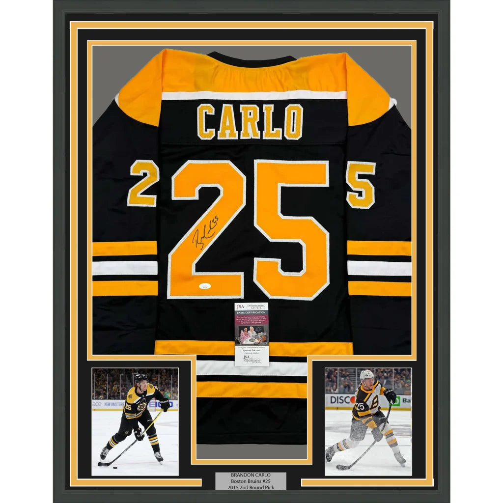 Framed Autographed Brandon Carlo 35x39 Boston Black Hockey Jersey JSA COA | Hall of Fame Sports Memorabilia | vintageantiquesgifts.com