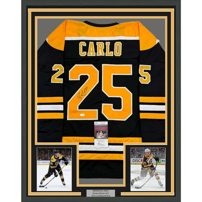 Framed Autographed Brandon Carlo 35x39 Boston Black Hockey Jersey JSA COA | Hall of Fame Sports Memorabilia | vintageantiquesgifts.com