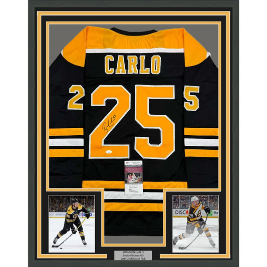 Framed Autographed Brandon Carlo 35x39 Boston Black Hockey Jersey JSA COA | Hall of Fame Sports Memorabilia | vintageantiquesgifts.com