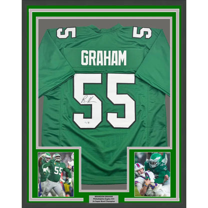 Back of framed autographed Brandon Graham Philadelphia Eagles Kelly green jersey with number 55 JSA COA