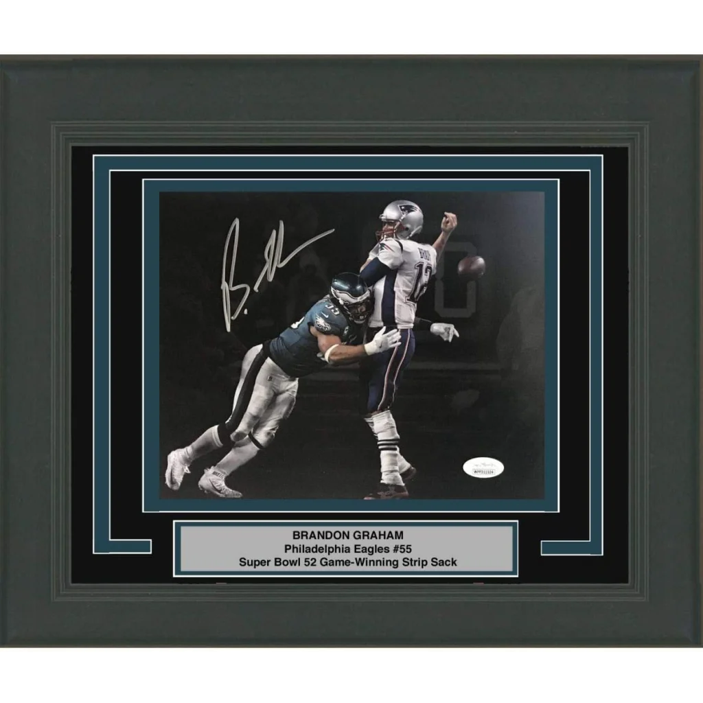 Framed Autographed Brandon Graham Philadelphia Eagles Spotlight Game Winning Strip Sack Fumble vs. Tom Brady Super Bowl LII 52 Champions 8x10 Football Photo JSA COA | Hall of Fame Sports Memorabilia | vintageantiquesgifts.com