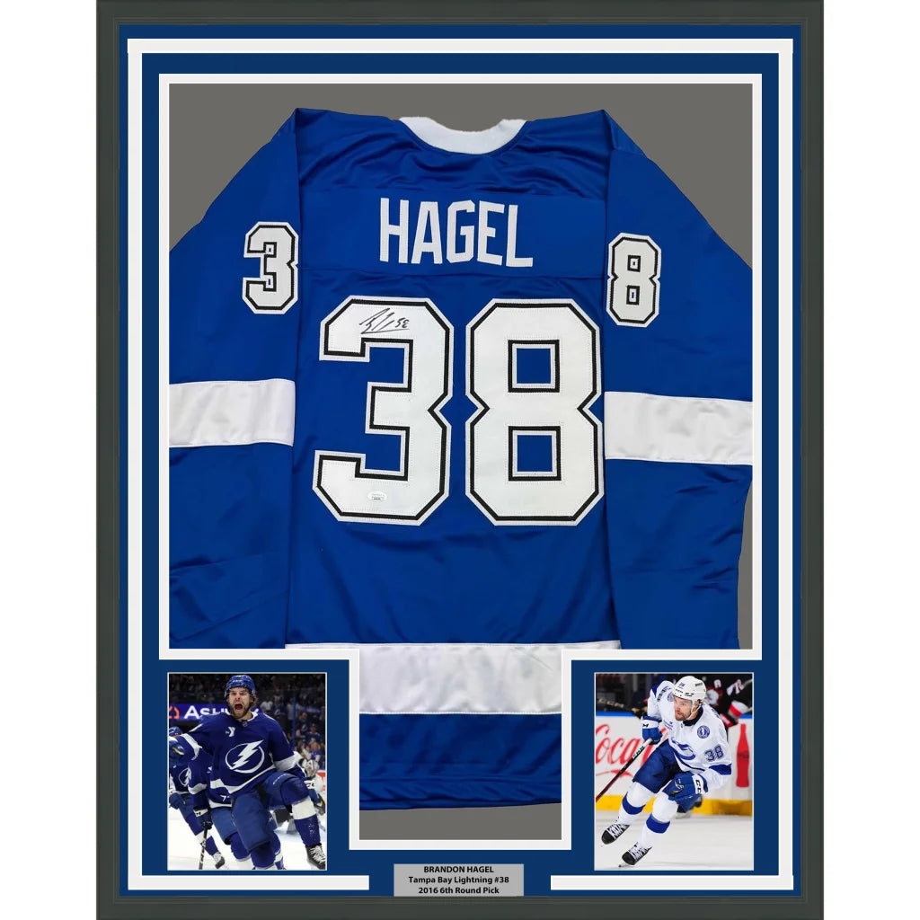 Framed autographed blue Tampa Bay Lightning Hagel jersey with JSA COA