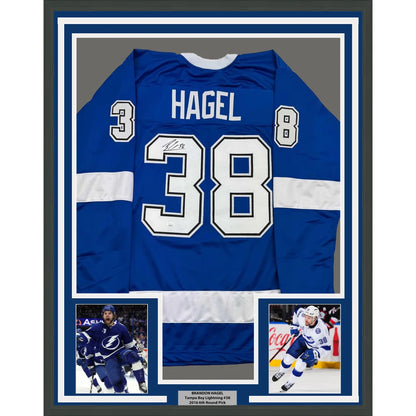 Framed autographed blue Tampa Bay Lightning Hagel jersey with JSA COA