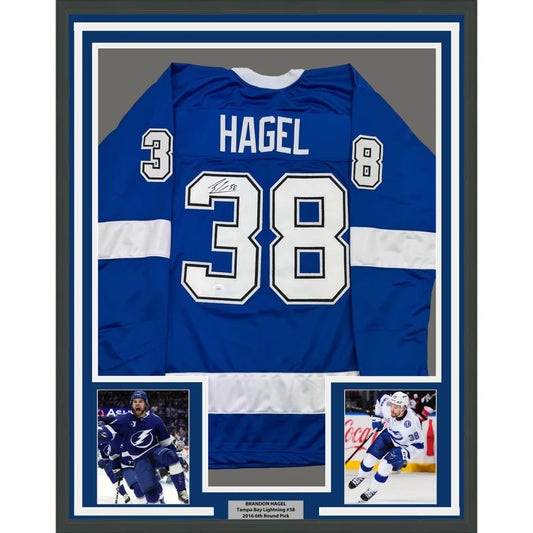 Framed Autographed Brandon Hagel 35x39 Tampa Bay Blue Hockey Jersey JSA COA | Hall of Fame Sports Memorabilia | vintageantiquesgifts.com