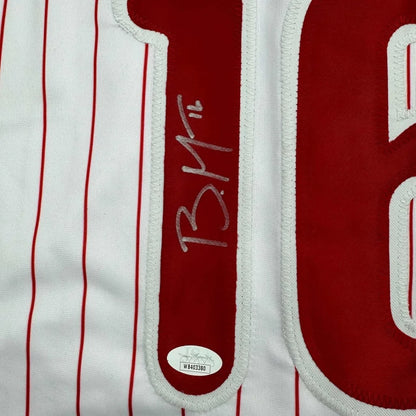 Red and white pinstripe Phillies jersey signed by Brandon Marsh with silver autograph