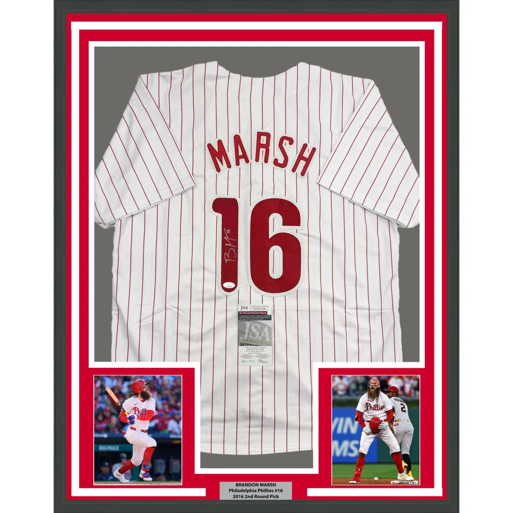 Framed signed Brandon Marsh Phillies pinstripe jersey with two player photos for sale