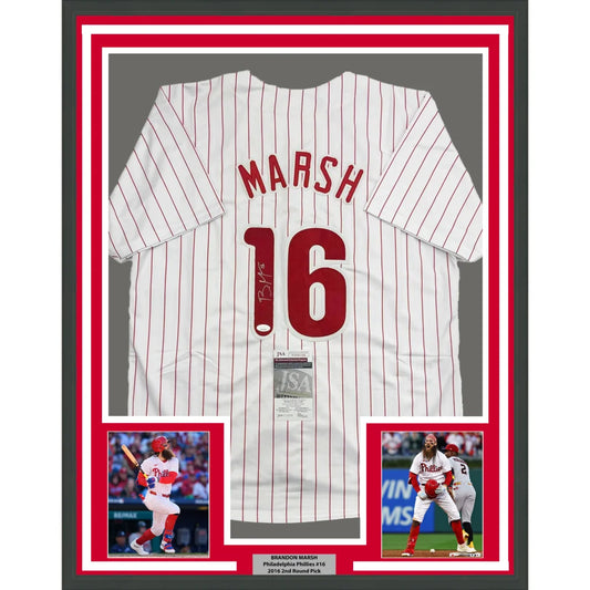 Framed signed Brandon Marsh Phillies pinstripe jersey with two player photos for sale