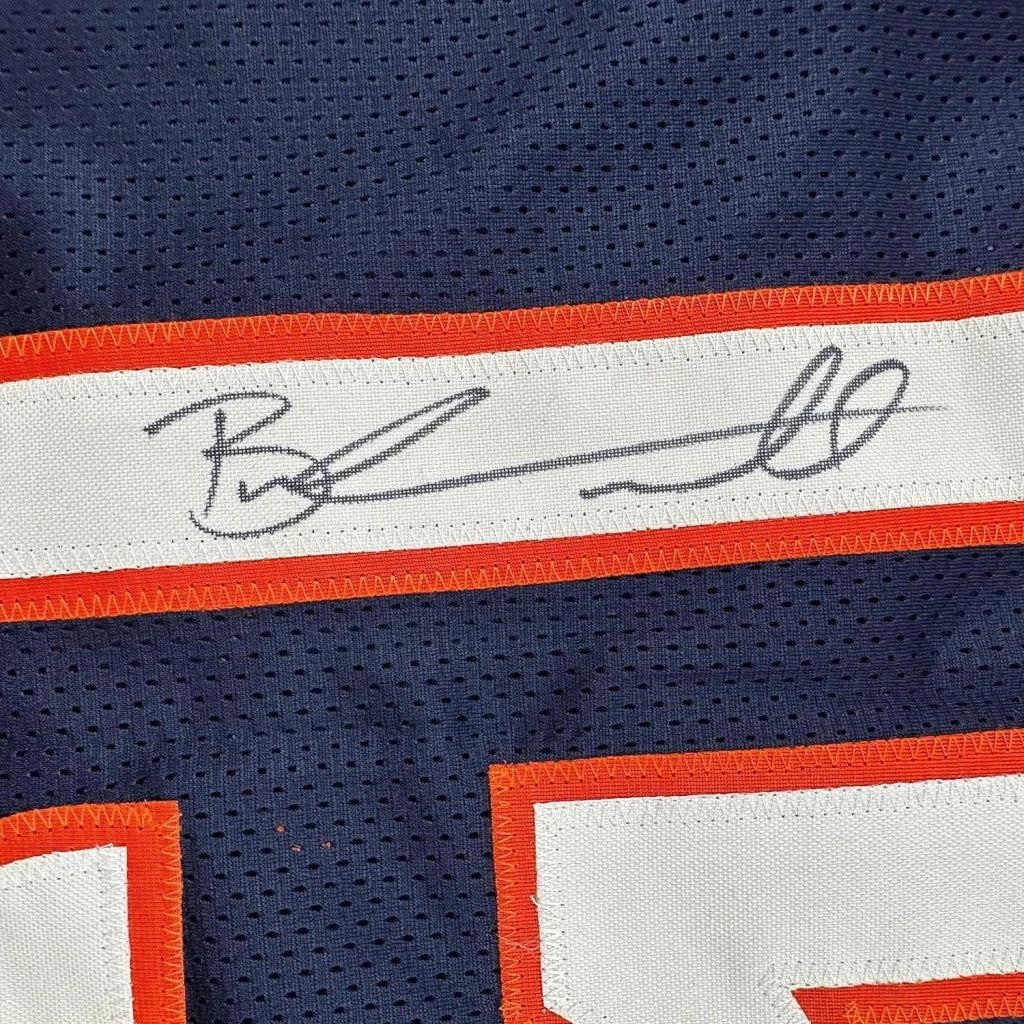 Navy blue Brandon Marshall professionally framed jersey with orange white stripe and signature