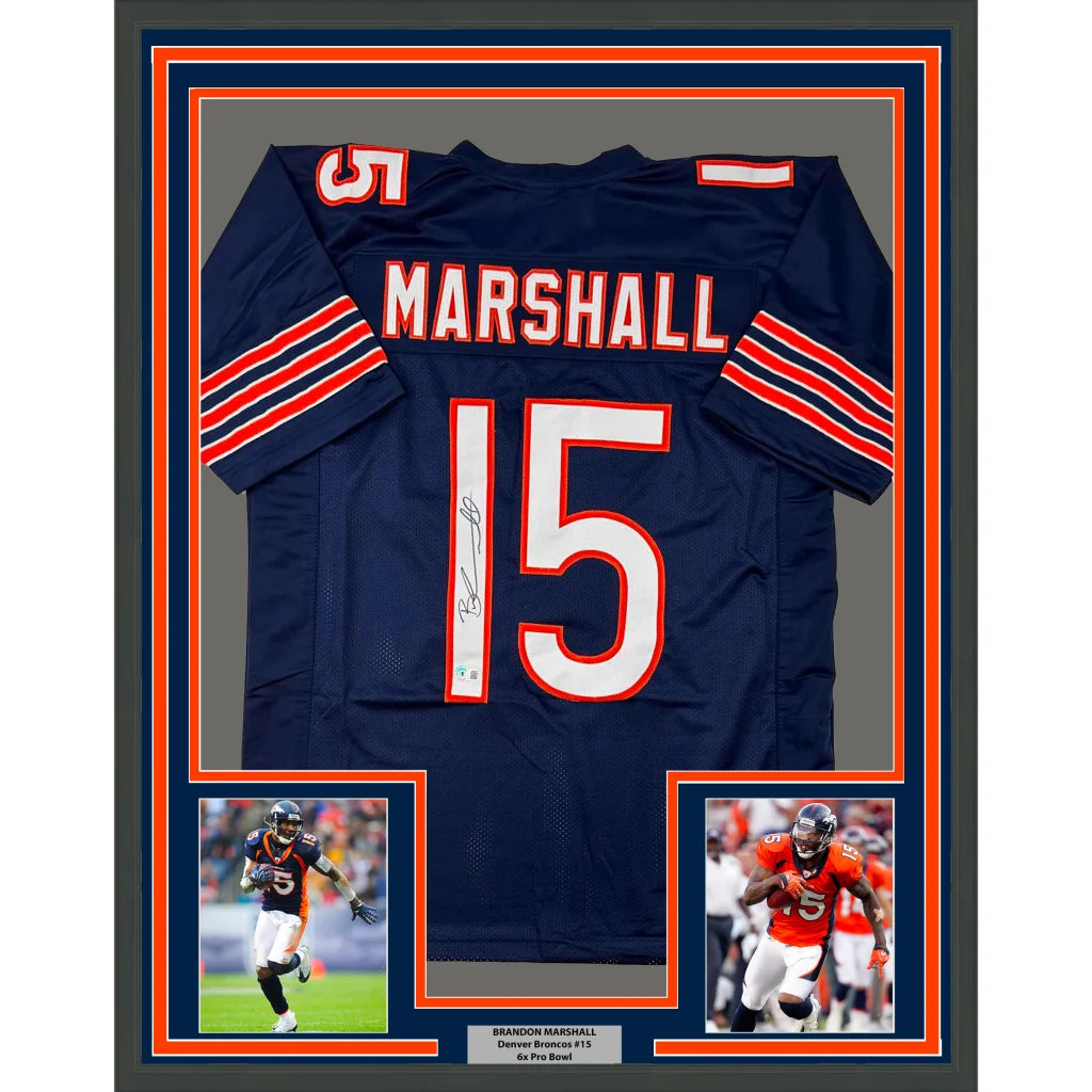 Framed Autographed Brandon Marshall 35x39 Chicago Blue Football Jersey Beckett BAS COA | Hall of Fame Sports Memorabilia | vintageantiquesgifts.com