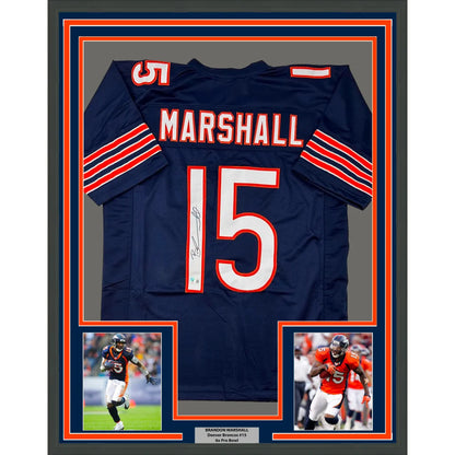 Framed Autographed Brandon Marshall 35x39 Chicago Blue Football Jersey Beckett BAS COA | Hall of Fame Sports Memorabilia | vintageantiquesgifts.com