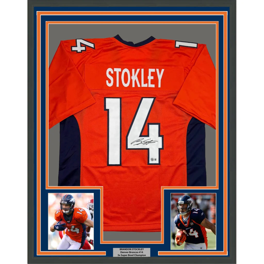 Framed Autographed Brandon Stokley 35x39 Denver Orange Football Jersey Beckett BAS COA | Hall of Fame Sports Memorabilia | vintageantiquesgifts.com