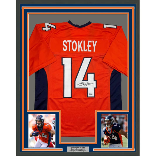 Framed Autographed Brandon Stokley 35x39 Denver Orange Football Jersey Beckett BAS COA | Hall of Fame Sports Memorabilia | vintageantiquesgifts.com