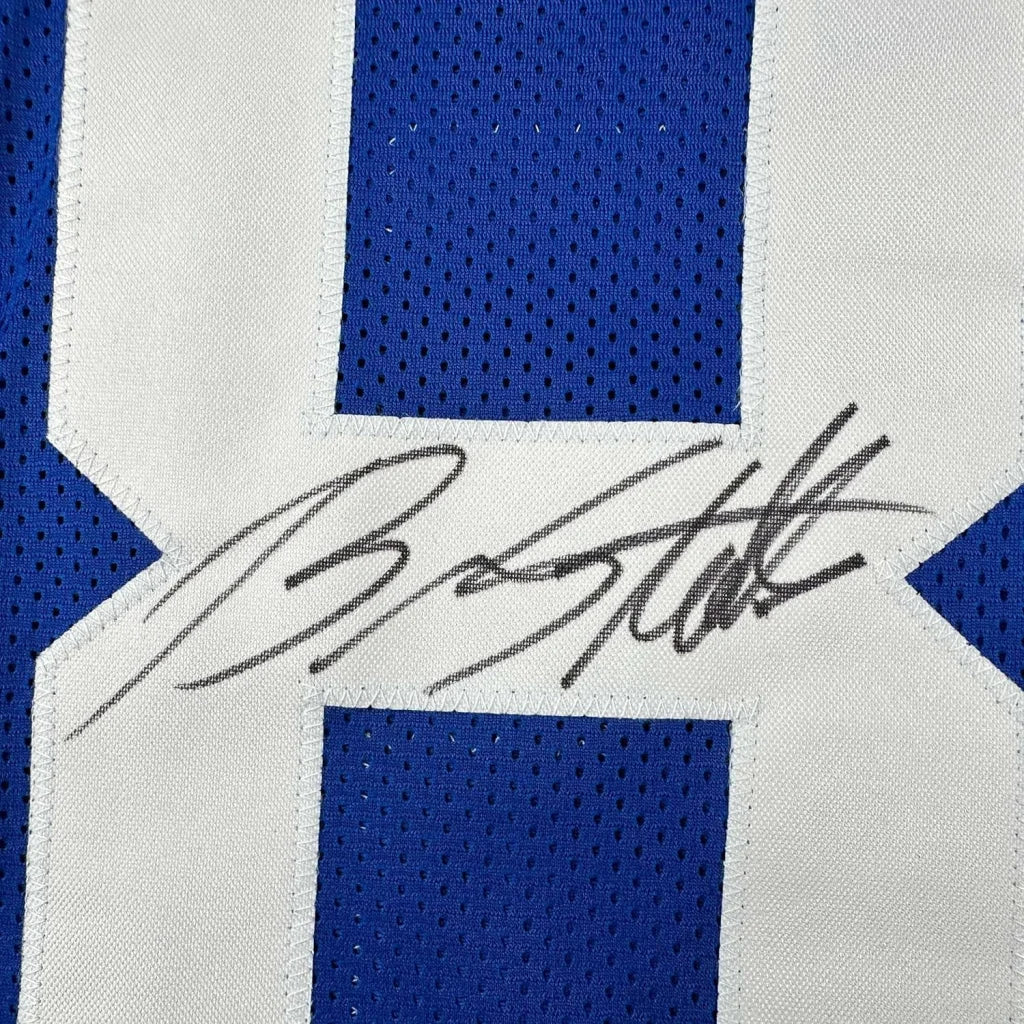 Autographed Blue NFL Jersey with Photos Ready to Display featuring a blue and white mesh design