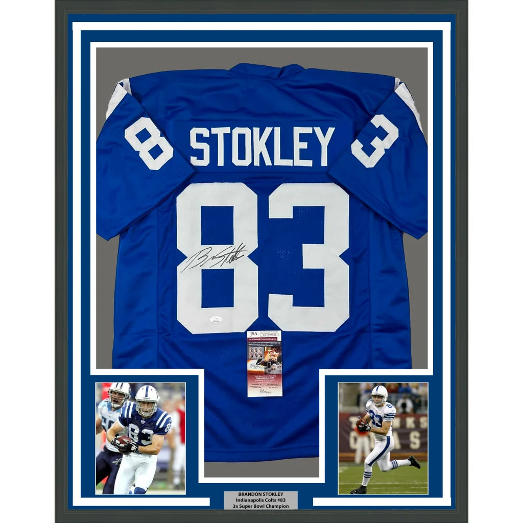 Framed autographed blue NFL jersey with player photos and commemorative plaque for display