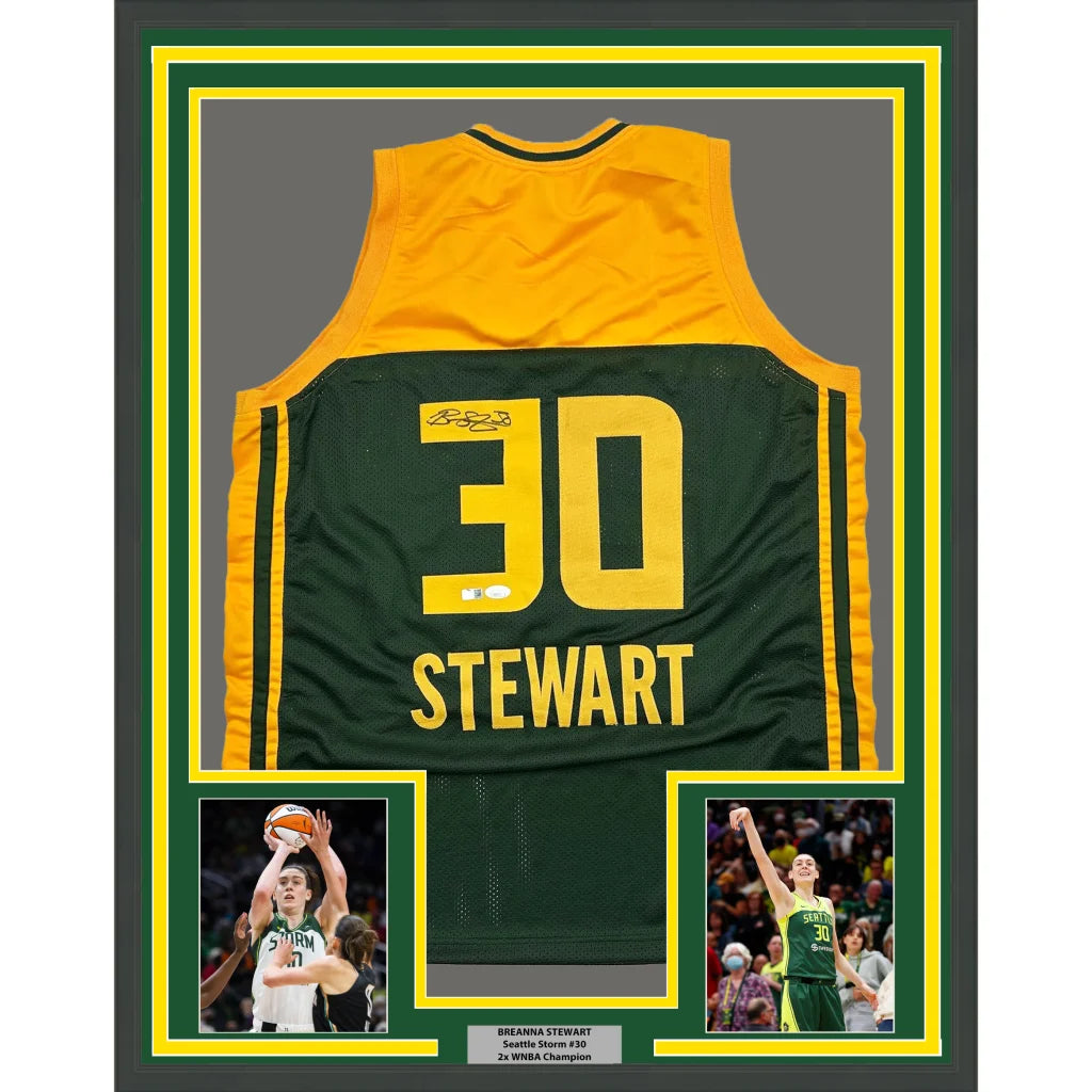 Framed autographed Breanna Stewart Seattle Storm green jersey, number 30