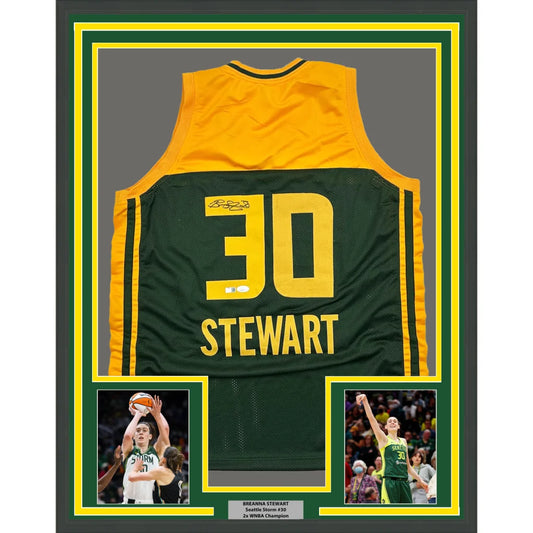 Framed Autographed Breanna Stewart 35x39 Seattle Green Basketball Jersey JSA COA | Hall of Fame Sports Memorabilia | vintageantiquesgifts.com