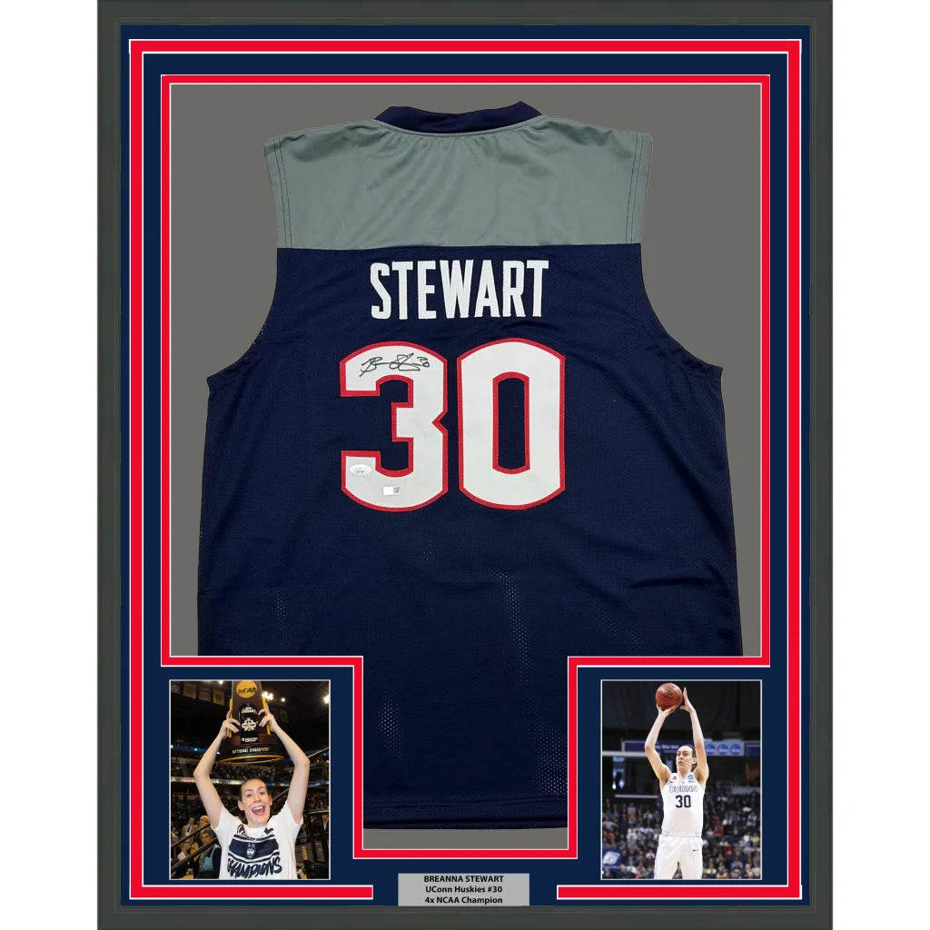 Back of framed autographed Breanna Stewart UConn navy blue jersey with number 30 and Stewart name, JSA COA
