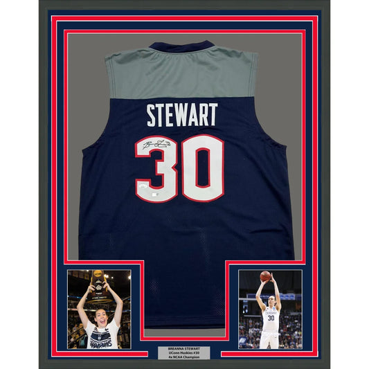 Framed Autographed Breanna Stewart 35x39 UConn Connecticut Blue College Basketball Jersey JSA COA | Hall of Fame Sports Memorabilia | vintageantiquesgifts.com