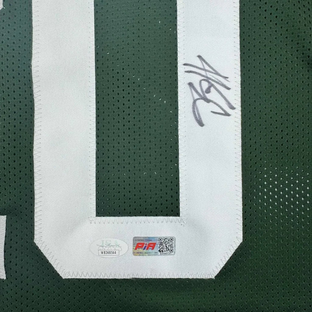 Green Breece Hall Jets jersey with black autograph perfect for your man cave JSA COA
