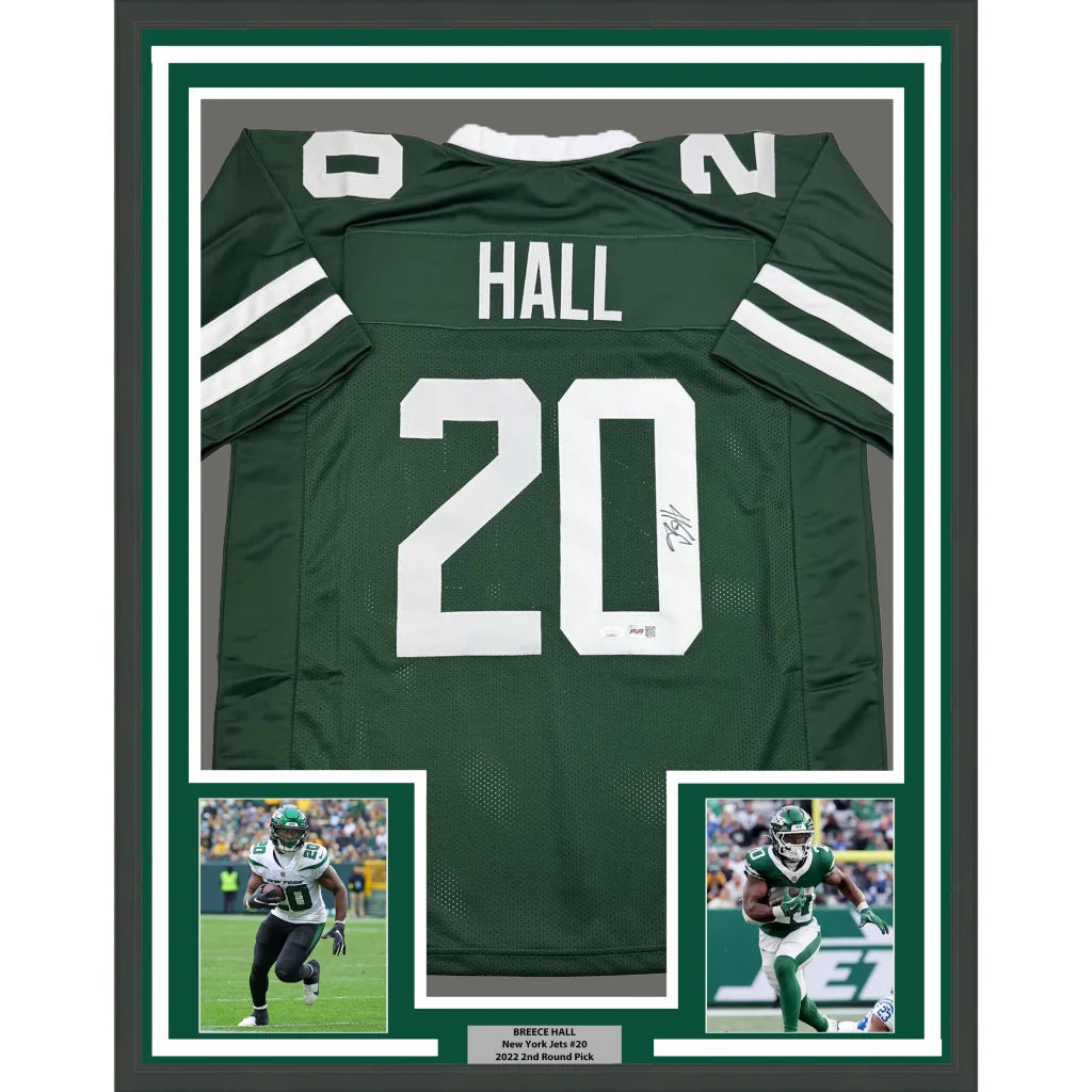 Framed Autographed Breece Hall 35x39 New York Green Football Jersey JSA COA | Hall of Fame Sports Memorabilia | vintageantiquesgifts.com