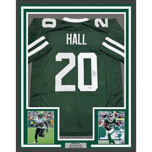 Framed Autographed Breece Hall 35x39 New York Green Football Jersey JSA COA | Hall of Fame Sports Memorabilia | vintageantiquesgifts.com