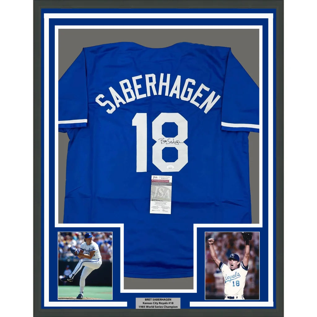 Framed signed Bret Saberhagen Kansas City Royals dark blue baseball jersey