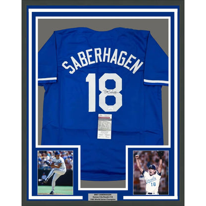 Framed signed Bret Saberhagen Kansas City Royals dark blue baseball jersey