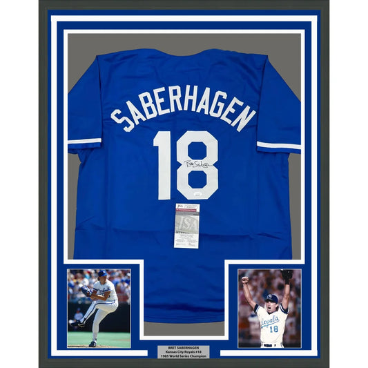 Framed signed Bret Saberhagen Kansas City Royals dark blue baseball jersey