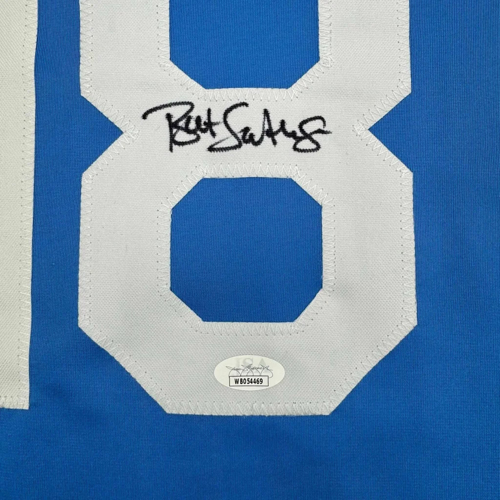 Blue Baseball Jersey with white 8 number and signature in premium frame
