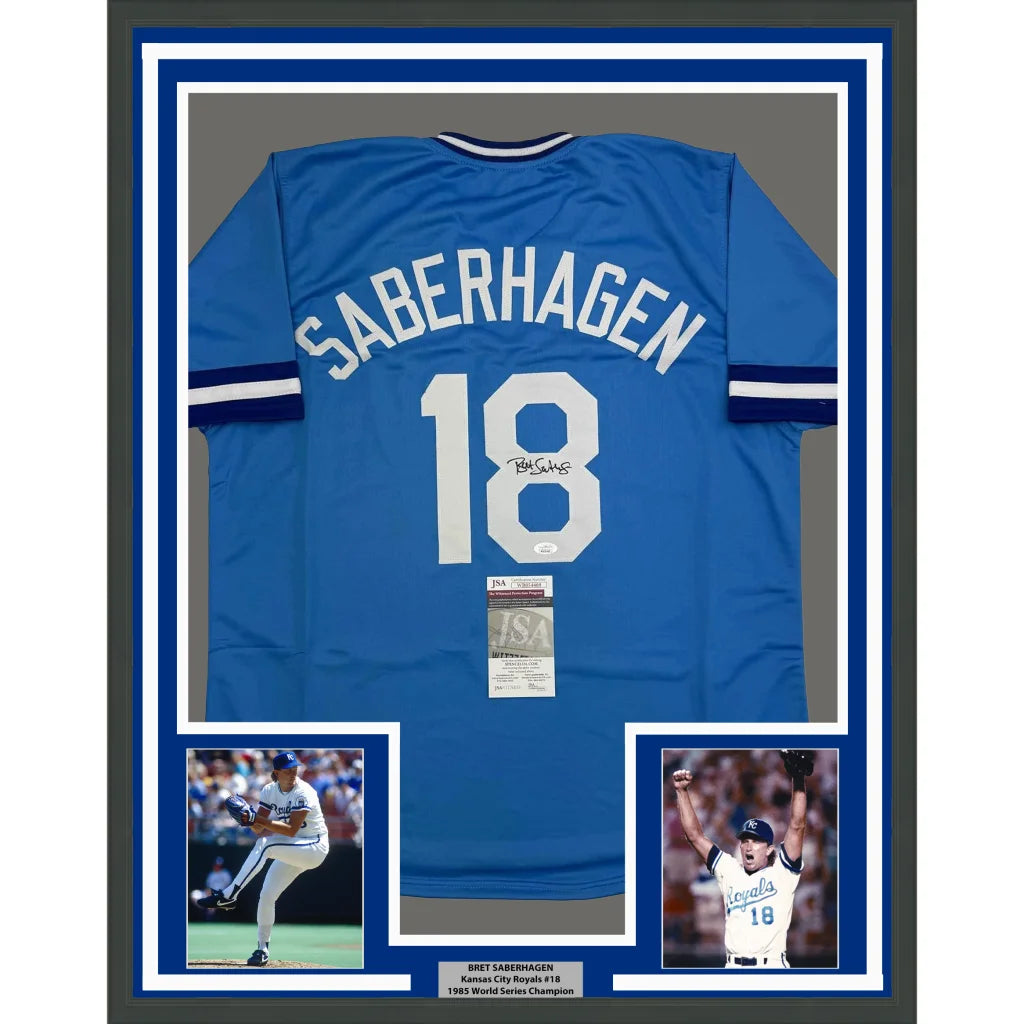 Framed Autographed Bret Saberhagen 35x39 Kansas City Light Blue Baseball Jersey JSA COA | Hall of Fame Sports Memorabilia | vintageantiquesgifts.com