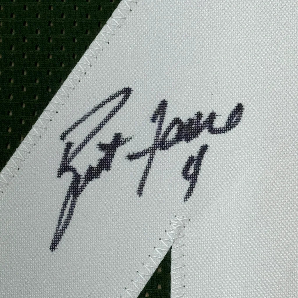Framed Autographed Brett Favre 35x39 Green Bay Green Football Jersey JSA COA | Certified Authentic Signed Memorabilia | vintageantiquesgifts.com