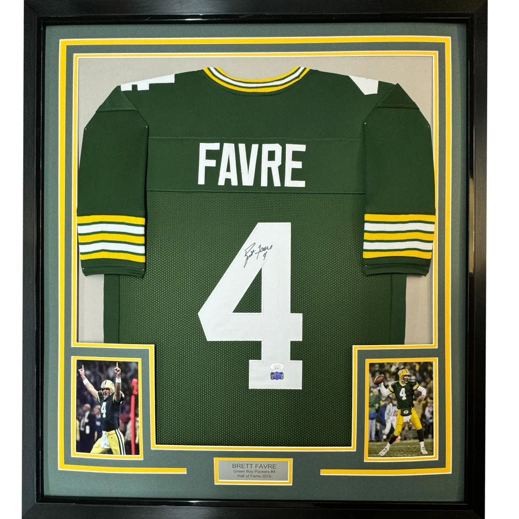 Framed Autographed Brett Favre 35x39 Green Bay Green Football Jersey JSA COA | Hall of Fame Sports Memorabilia | vintageantiquesgifts.com