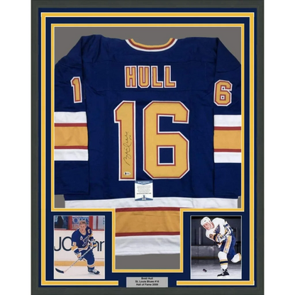 Framed Autographed Brett Hull 35x39 St. Louis Blue Hockey Jersey Beckett BAS COA | Hall of Fame Sports Memorabilia | vintageantiquesgifts.com