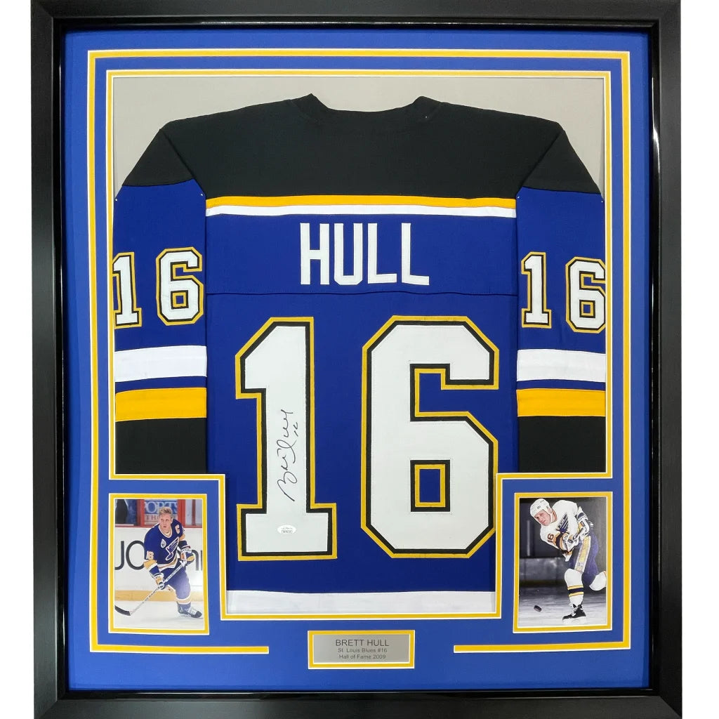 Framed Autographed Brett Hull 35x39 St. Louis Blue White Numbers Hockey Jersey JSA COA | Hall of Fame Sports Memorabilia | vintageantiquesgifts.com