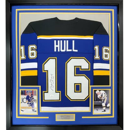 Framed Autographed Brett Hull 35x39 St. Louis Blue White Numbers Hockey Jersey JSA COA | Hall of Fame Sports Memorabilia | vintageantiquesgifts.com